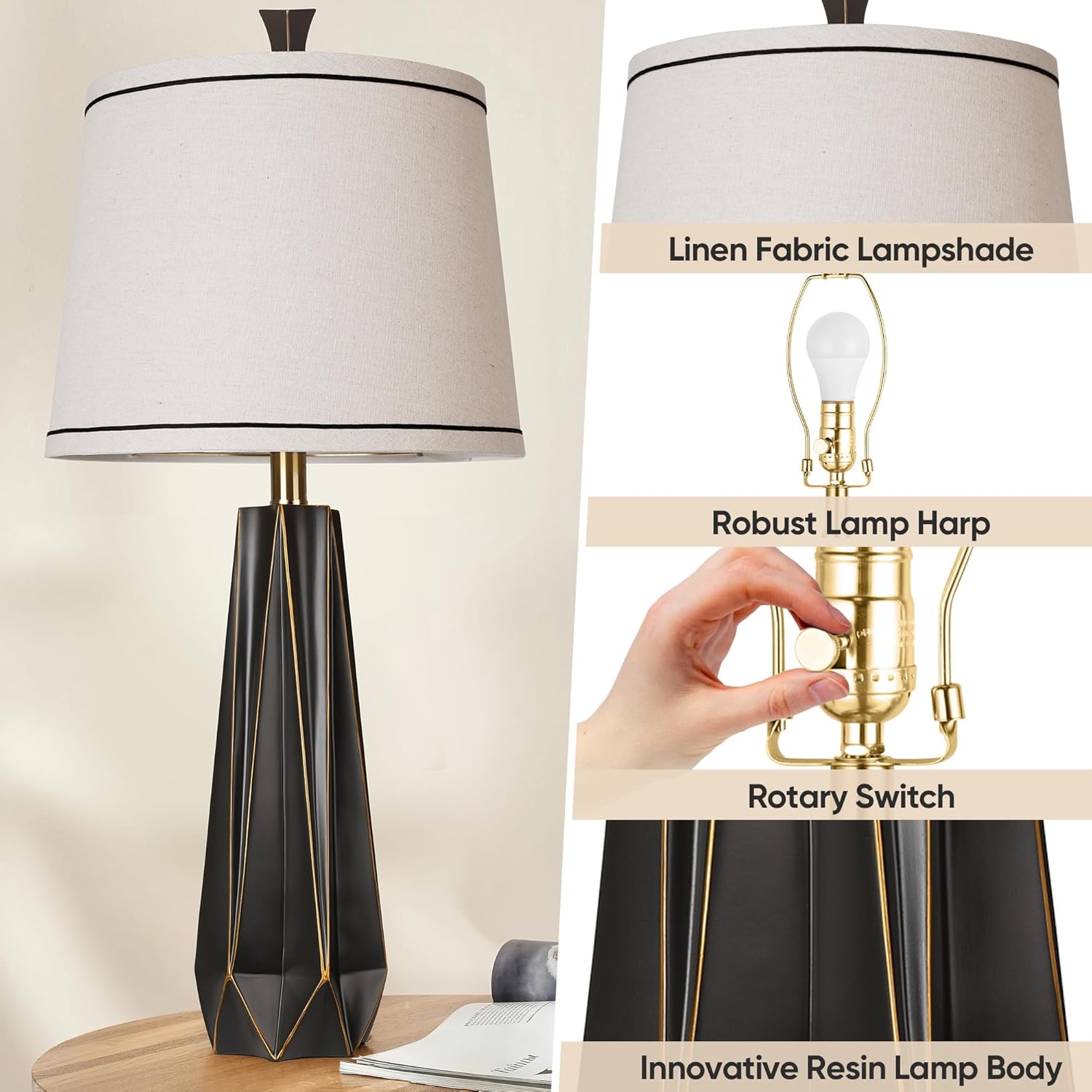 WIHTU Modern Table Lamp Set of 2, 3 Color Temperature Table Lamps for Living Room, 27'' Beside Lamp with Linen Shade, Black with Gold Rim…