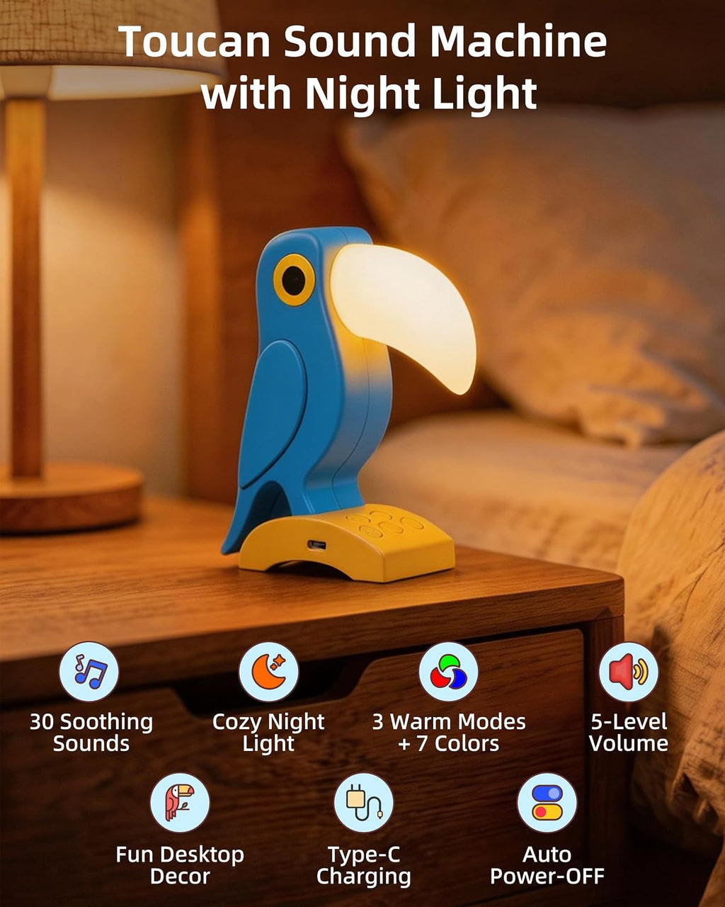 White Noise Sound Machine With 30 Soothing Sounds 7 Colors Night Light, Toucan White Noise Machine for Kids Adults Sleep Machines 5 Volume…