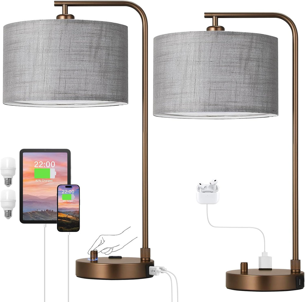 Innqoo Bedside Table Lamps for Bedroom Set of 2-Dimmable Nightstand Lamps with USB Port and Outlet, Modern Brown Lamps with Linen…