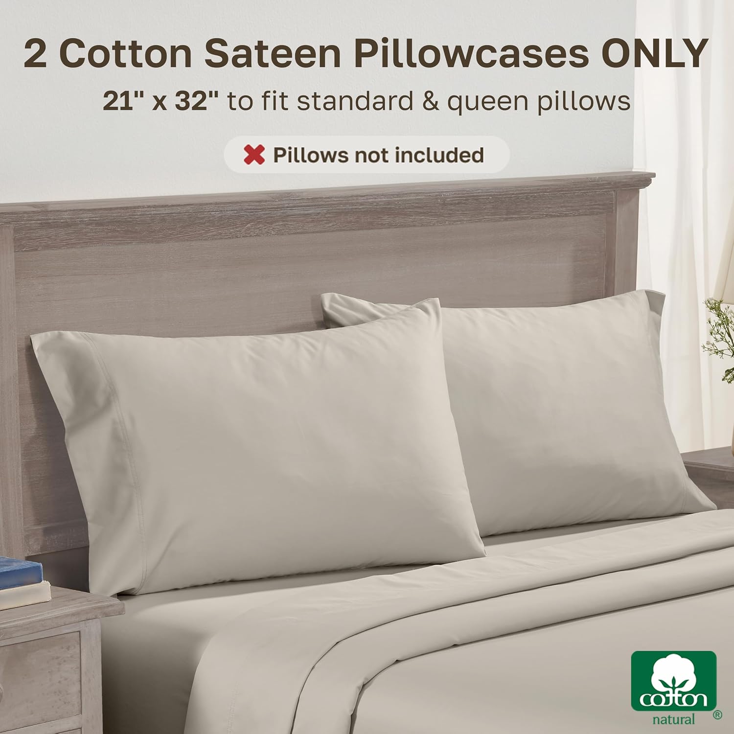 CaliforniaDesignDen California Design Den Standard/Queen Size Pillow Cases Set of 2-600 Thread Count Sateen, Natural 100% Cotton Pillow Cov…