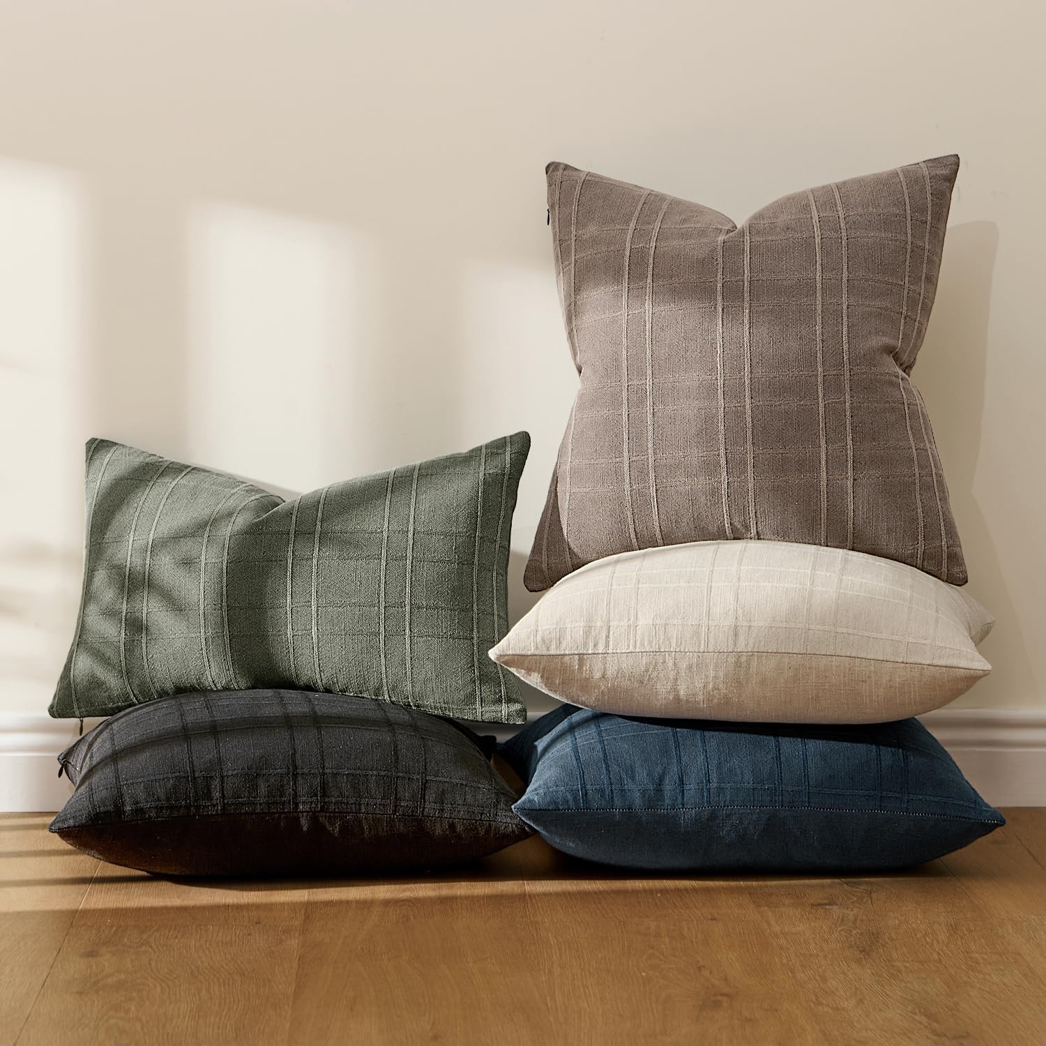 Miulee Decorative Linen Check Throw Pillow Covers Neutral Farmhouse Vintage Pillow Covers 20x20 Set of 2 Boho Modern Winter Home Decor for…