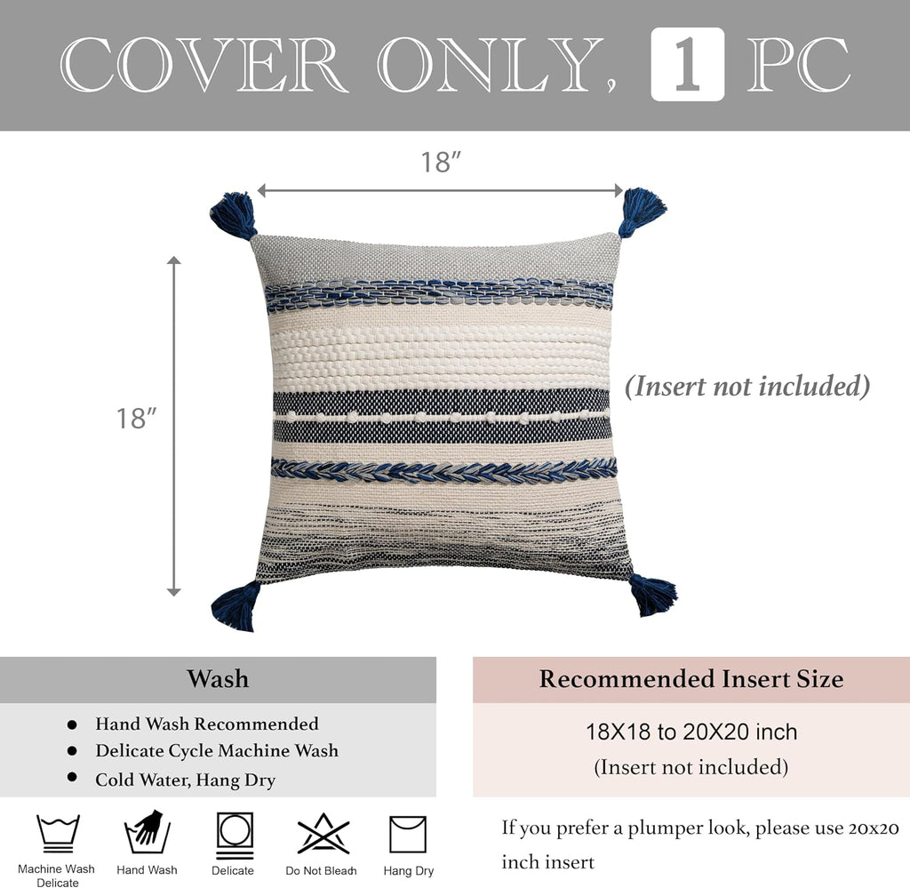 BlissBlush Navy Dark Blue Decorative Throw Pillow Cover 18x18 Square Boho Accent Pillowcase Tassels Farmhouse Cushion for Couch Sofa…