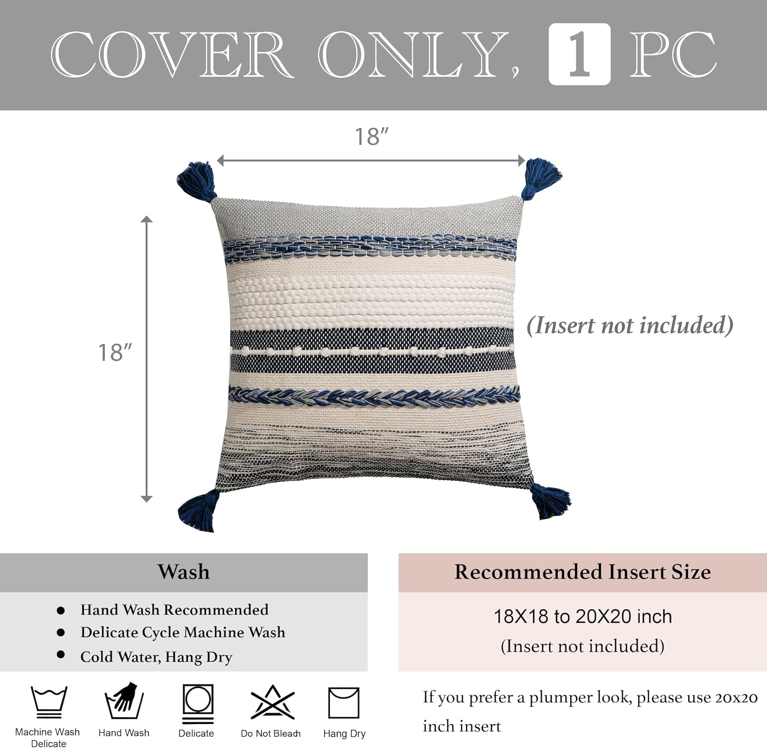 BlissBlush Navy Dark Blue Decorative Throw Pillow Cover 18x18 Square Boho Accent Pillowcase Tassels Farmhouse Cushion for Couch Sofa…