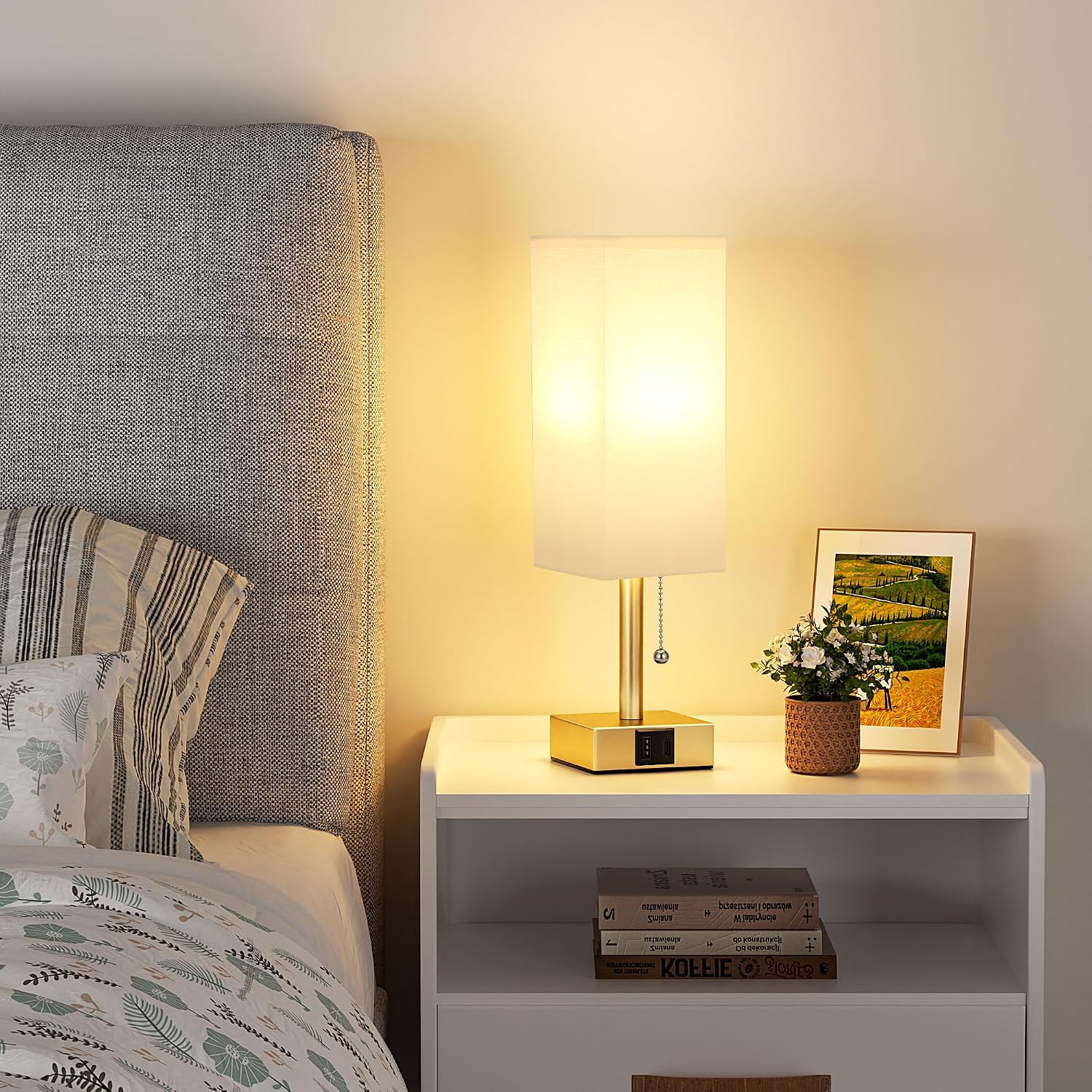 Aooshine White Small Table Lamp for Bedroom - 3 Color Temperature 3000K 5000K 4000K Bedside Lamp, Pull Chain Control, USB A and C Ports, Pu…