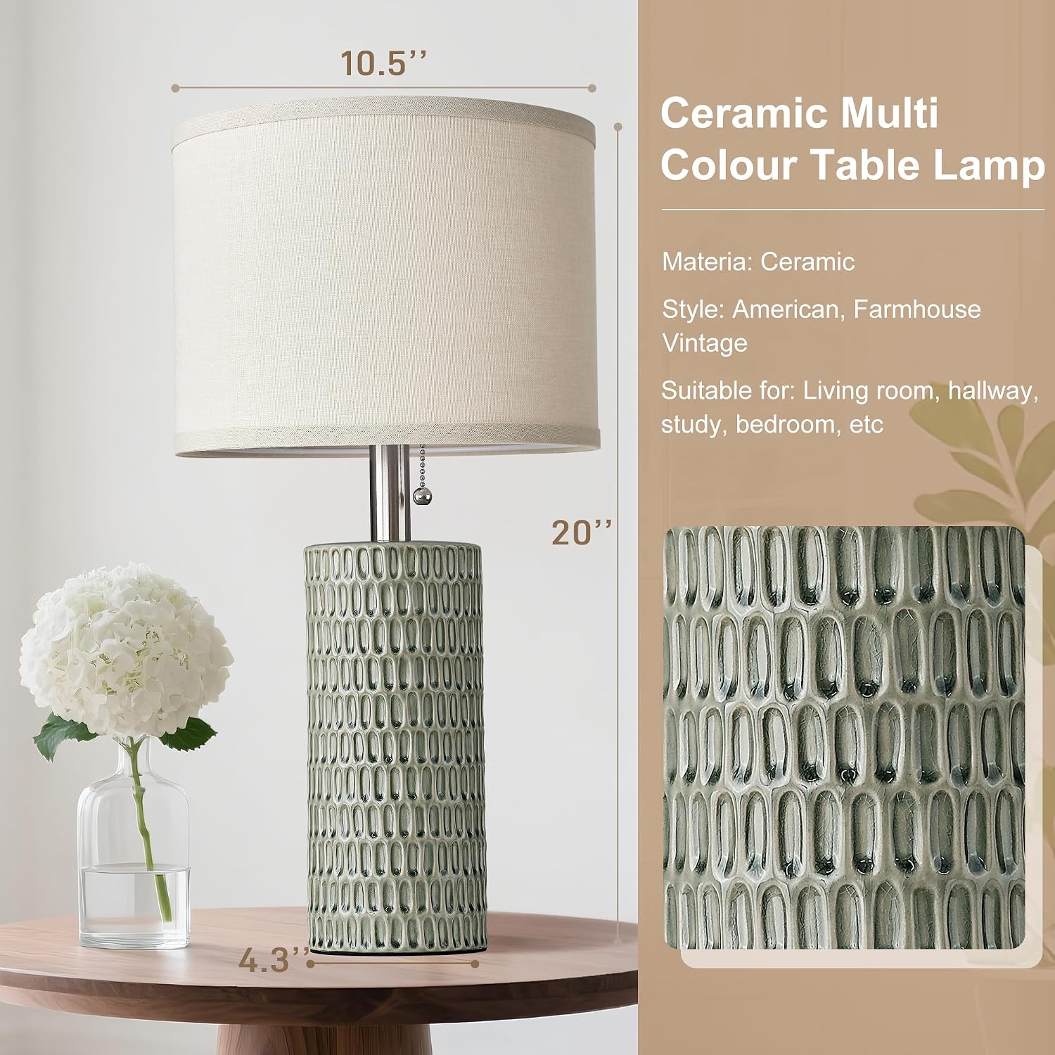 Reaketon 20.5" Modern Ceramic Table Lamps for Bedroom Set of 2, Bedside Lamps for Night Stands with Beige Lampshade, Farmhouse Table Lamp…
