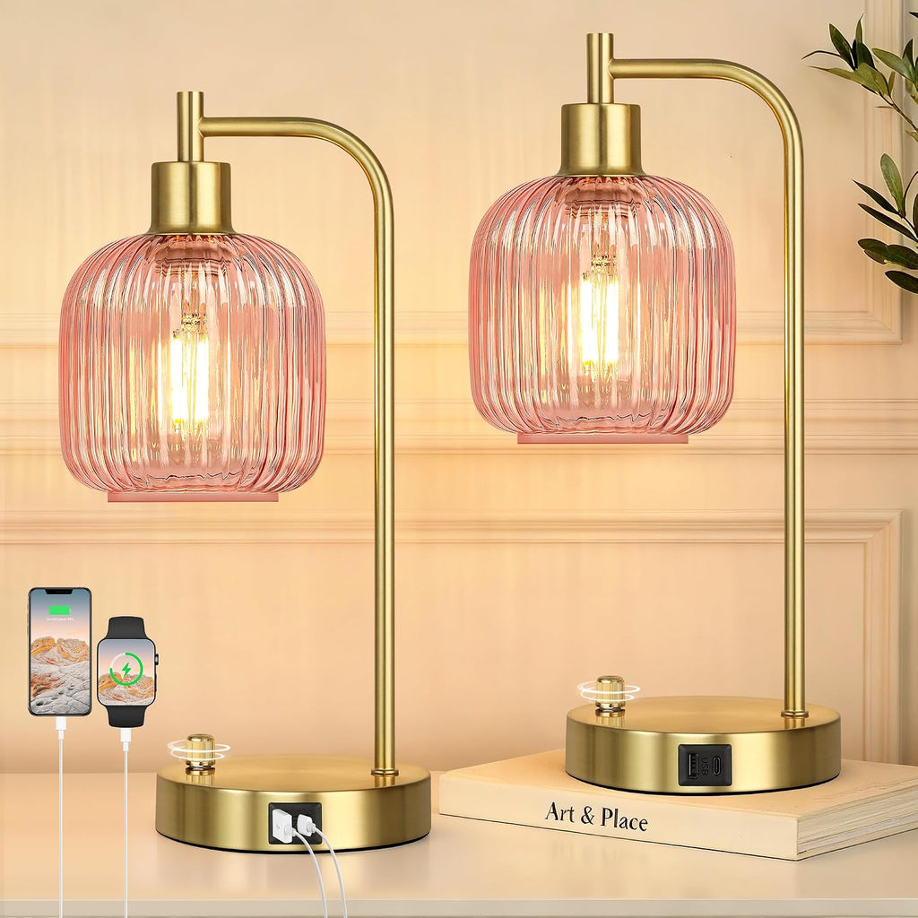 QiMH Industrial Table Lamp for Bedroom Set of 2, Pink Glass Beside Lamp with USB A&C Ports, Stepless Dimmable Gold Lamps, Nightstand…