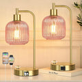 QiMH Industrial Table Lamp for Bedroom Set of 2, Pink Glass Beside Lamp with USB A&C Ports, Stepless Dimmable Gold Lamps, Nightstand…