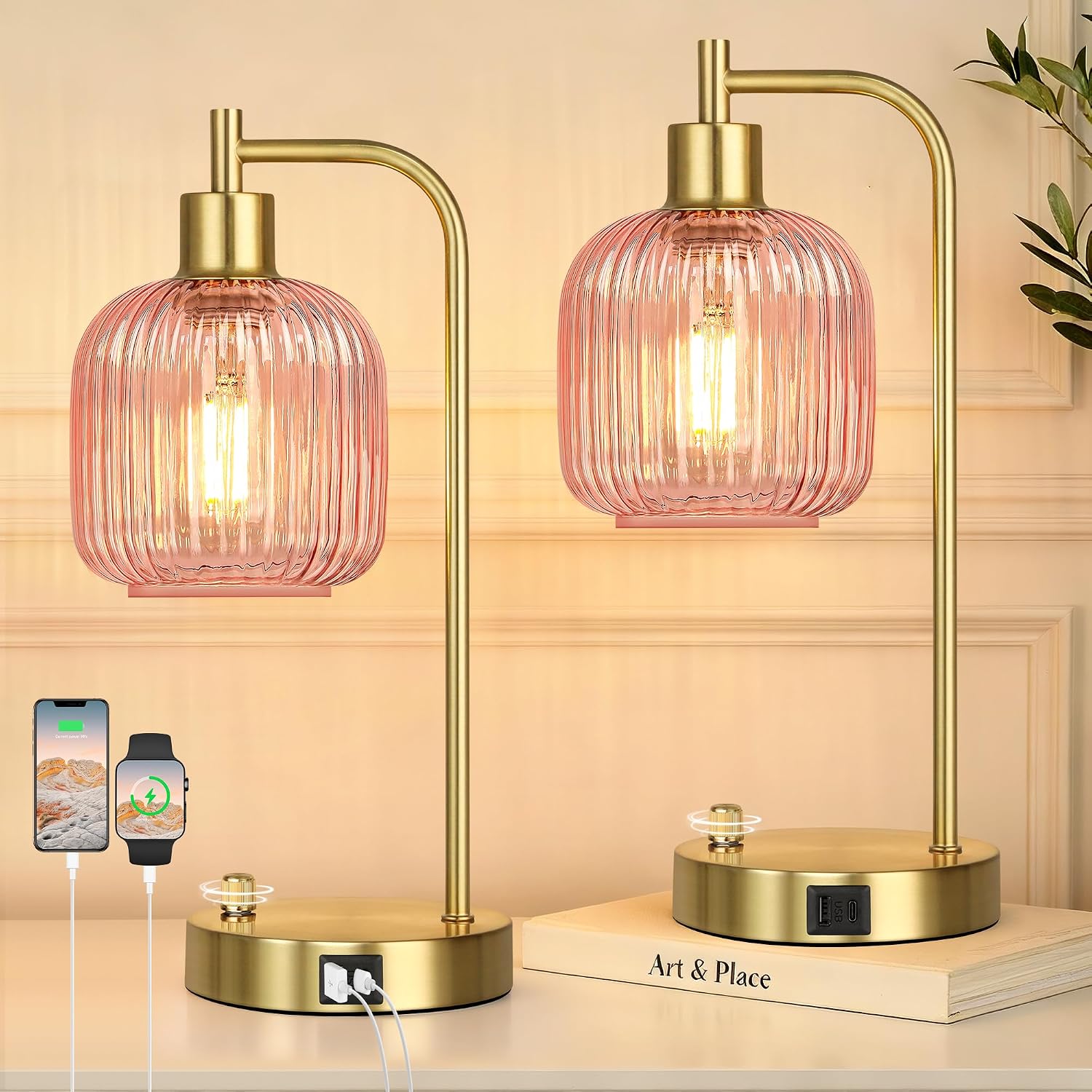 QiMH Industrial Table Lamp for Bedroom Set of 2, Pink Glass Beside Lamp with USB A&C Ports, Stepless Dimmable Gold Lamps, Nightstand…