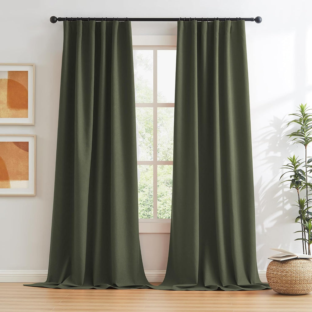 Keqiaosuocai Dark Olive Green Blackout Curtains 84 Inches Long 2 Panels Set- Faux Linen Textured Black Out Thermal Insulated Noise Reductio…