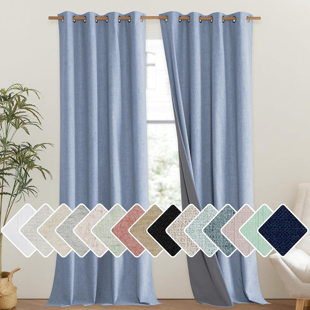 NICETOWN Stone Blue Vintage Linen 100% Blackout Curtains for Living Room, Thermal Insulated Curtains 102" Long, Noise Reducing Window…