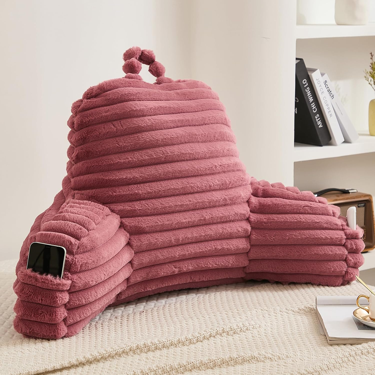 Memfydu Faux Fur Fluffy Dusty Rose Reading Pillow with Pockets, Luxury Striped Plush Decorative, Arm Rests and Back Support for Bed Rest, L…