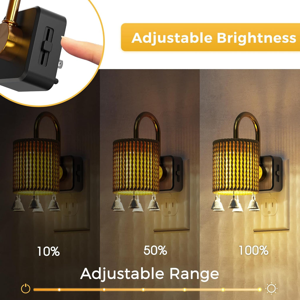 L LOHAS LED Night Lights Plug into Wall, 2 Pack Boho Fabric Cylinder Night Light with Tassel, Dusk to Dawn Sensor, 0-100LM Dimmable Night…