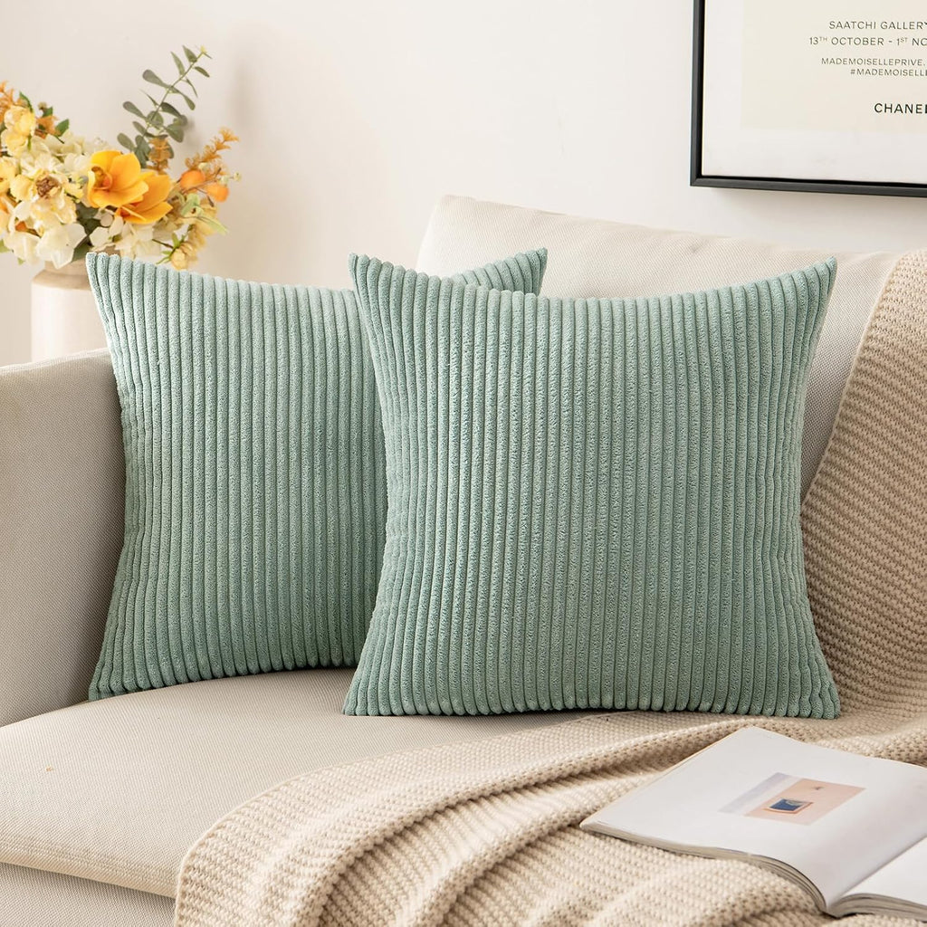 MIULEE Pack of 2 Corduroy Pillow Covers Super Soft Throw Pillow Covers Striped Pillowcases for Sofa Bedroom Couch 20 x 20 Inch Greyish Green