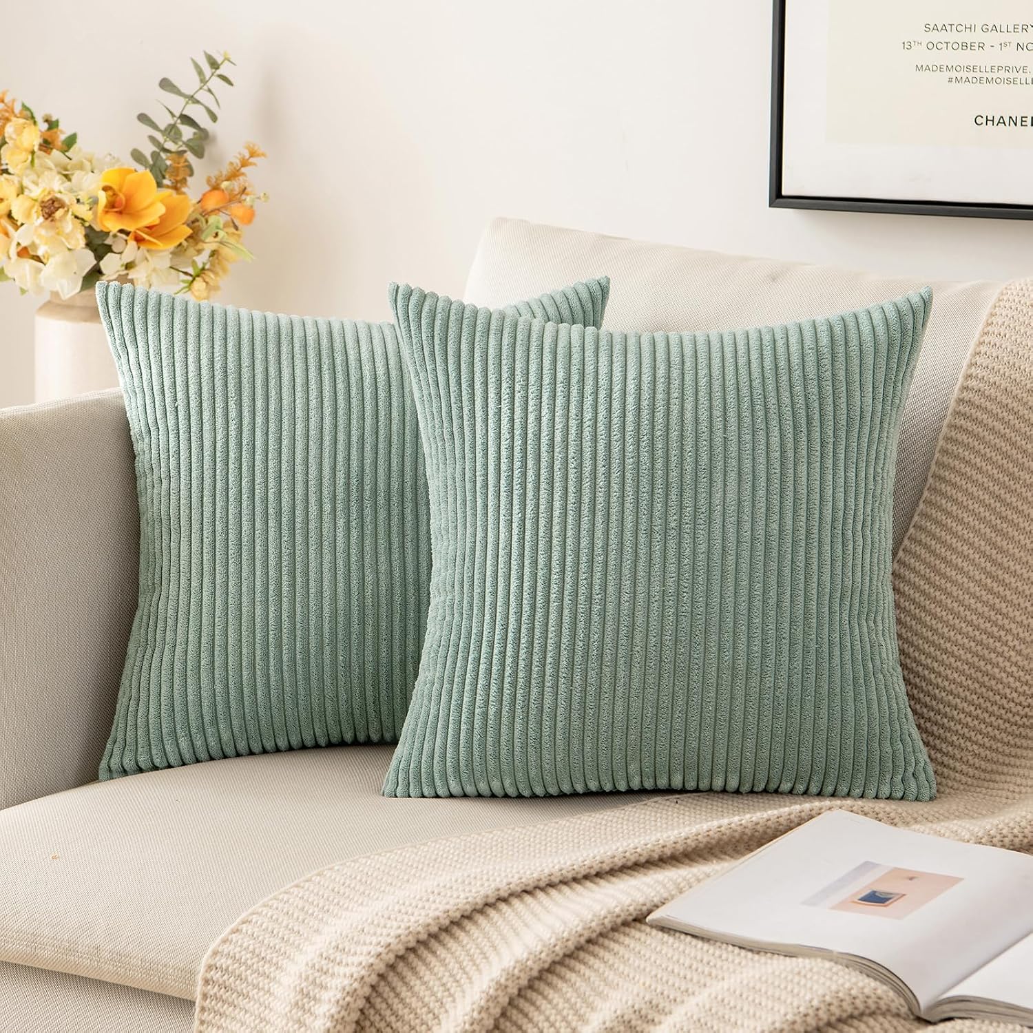 MIULEE Pack of 2 Corduroy Pillow Covers Super Soft Throw Pillow Covers Striped Pillowcases for Sofa Bedroom Couch 20 x 20 Inch Greyish Green