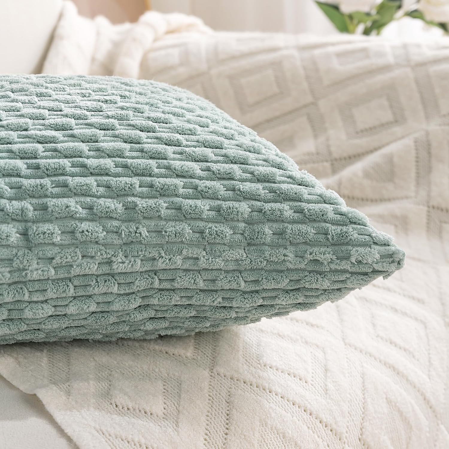 Cozoomy Set of 4 Aqua Decorative Throw Pillow Covers 12x20 Inch Corduroy Pillow Covers for Bed Couch Sofa Living Room Soft Cushion Cases 20…