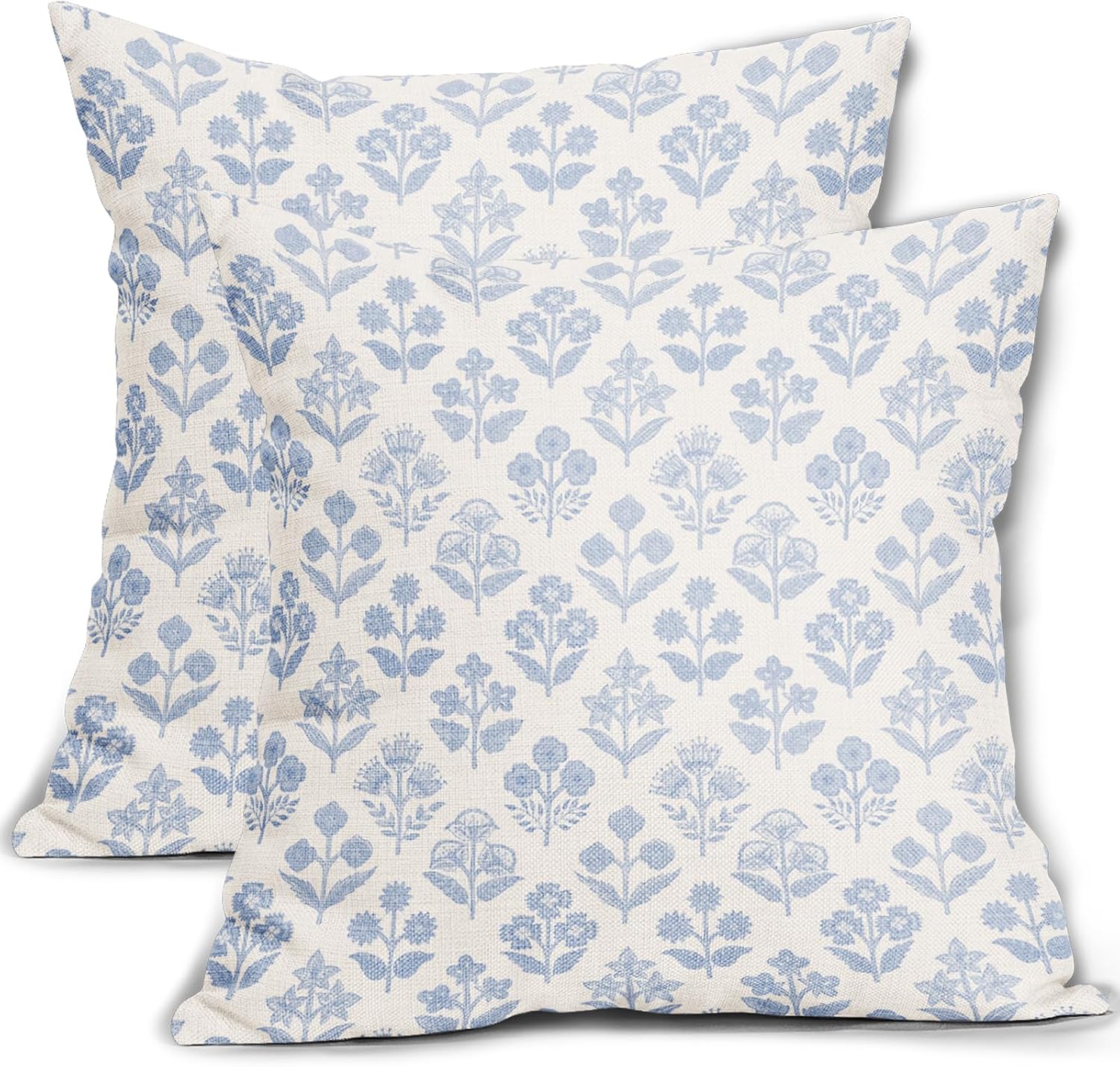 Baby Blue Floral Pillow Covers 16x16 Inch Set of 2, Vintage Flower Block Print Pattern Decorative Throw Pillowcases Outdoor Farmhouse…