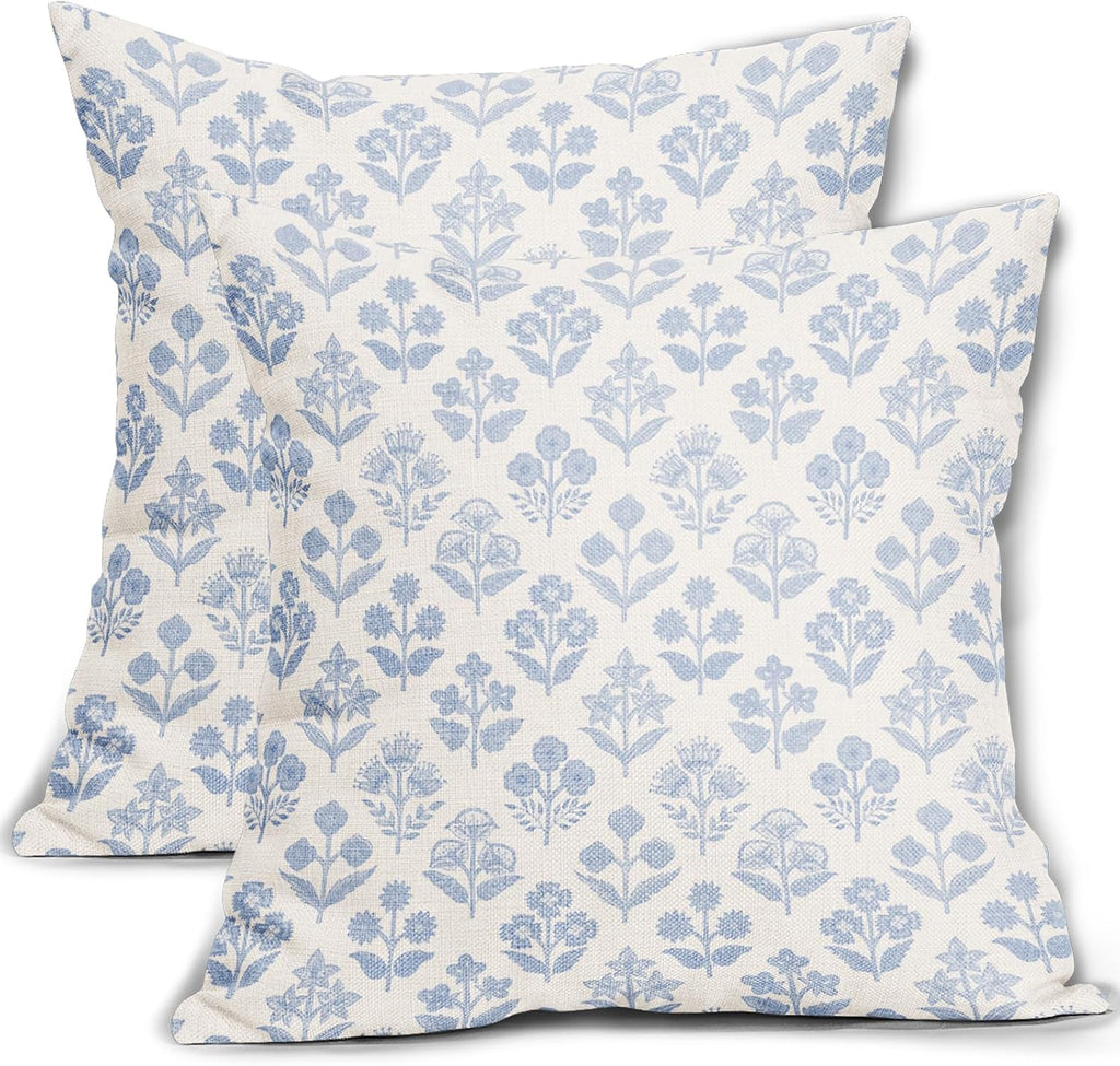 Baby Blue Floral Pillow Covers 18x18 Inch Set of 2, Vintage Flower Block Print Pattern Decorative Throw Pillowcases Outdoor Farmhouse…
