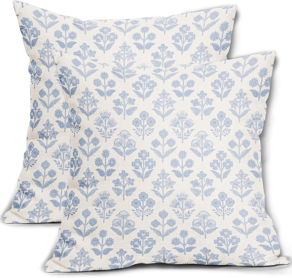 Baby Blue Floral Pillow Covers 24x24 Inch Set of 2, Vintage Flower Block Print Pattern Decorative Throw Pillowcases Outdoor Farmhouse…