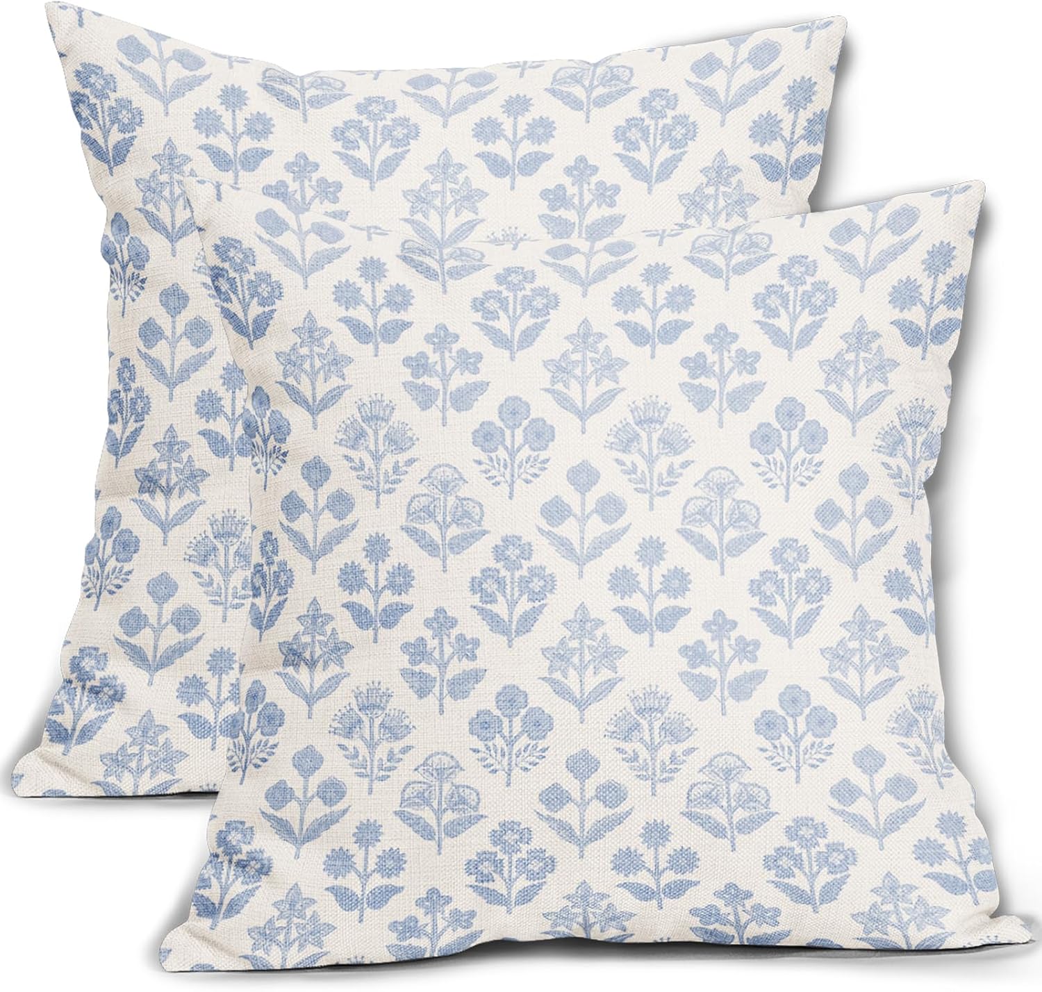 Baby Blue Floral Pillow Covers 24x24 Inch Set of 2, Vintage Flower Block Print Pattern Decorative Throw Pillowcases Outdoor Farmhouse…