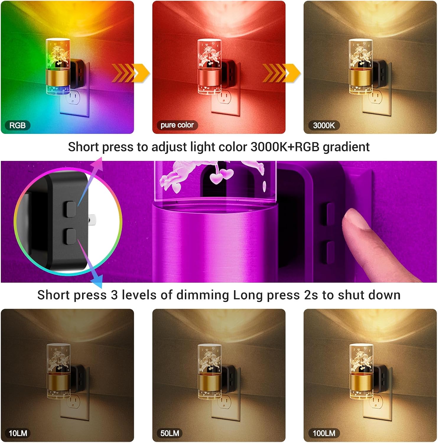 JandCase Night Lights Plug into Wall, Angel Night Light, 2 Pack 3000K+RGB 10-Color LED Nightlight with Dusk to Dawn Sensor, 10/50/100LM…