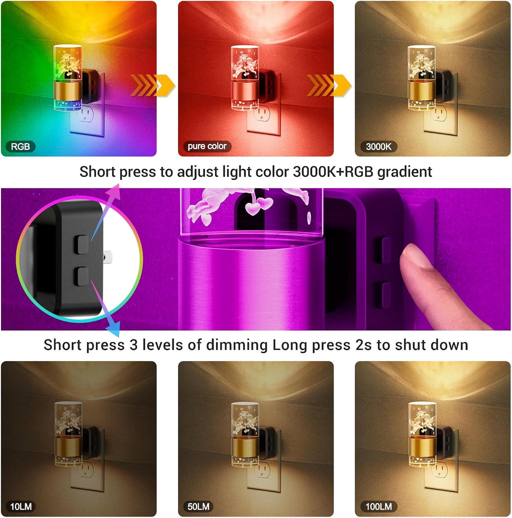JandCase Night Lights Plug into Wall, Angel Night Light, 3000K+RGB 10-Color LED Nightlight with Dusk to Dawn Sensor, 10/50/100LM…