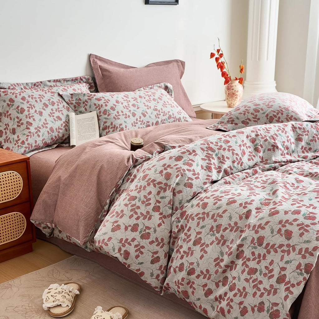 mixinni 100% Washed Cotton Duvet Cover Set, Reversible Vintage Floral Jacquard Textured Comforter Cover, Boho Farmhouse Bedding Set with Zi…