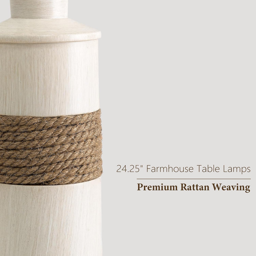 BOBOMOMO 24.5" Farmhouse Boho Table Lamps Set of 2, Hand-Woven Rattan Bedside Lamps with 3-Way Dimmable Touch Control & USB A+C Ports…