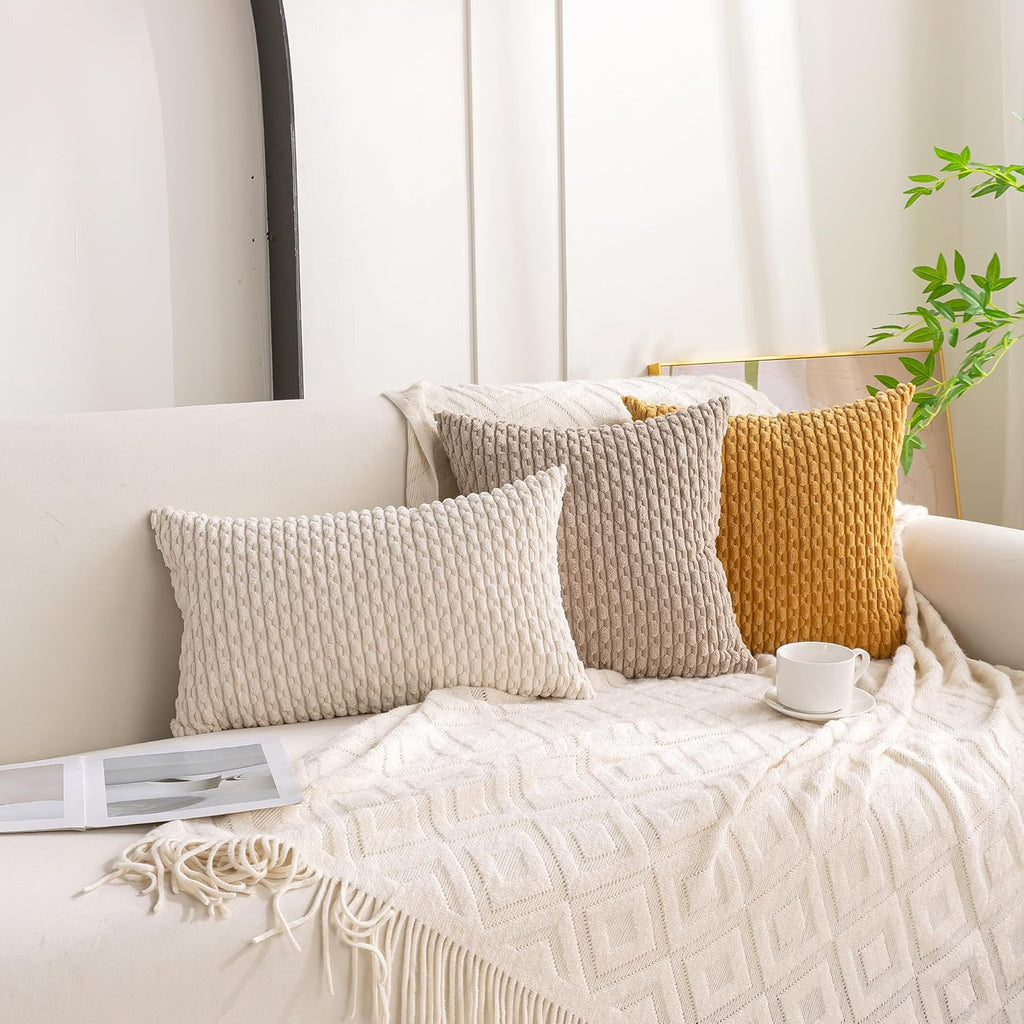 Cozoomy Set of 4 Beige Brown Coffee Decorative Throw Pillow Covers 20x20 Inch Corduroy Pillow Covers for Bed Couch Sofa Living Room Soft Sq…