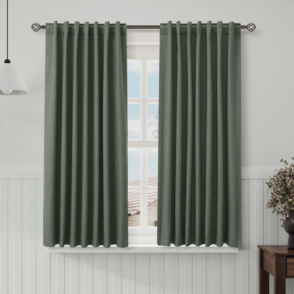 Nanspring Olive Green 100% Blackout Linen Curtains 63 Inch Length for Bedroom Back Tab Thermal Insulated Modern Farmhouse Decor Black Out C…