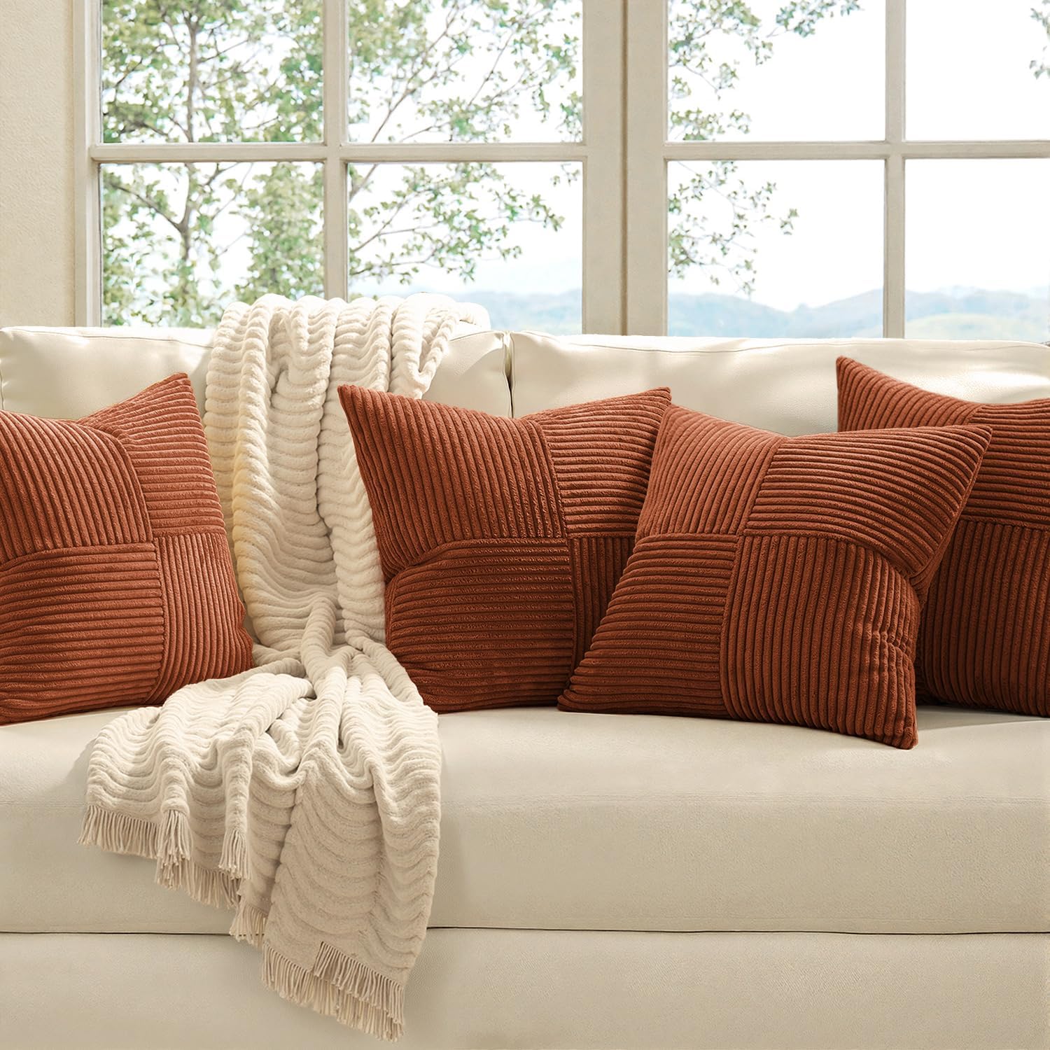 Miulee Boho Farmhouse Rust Decorative Throw Pillow Covers 18x18 Inch 4 Packs Soft Vintage Pillow Cases Modern Corduroy Patchwork Cushion Co…