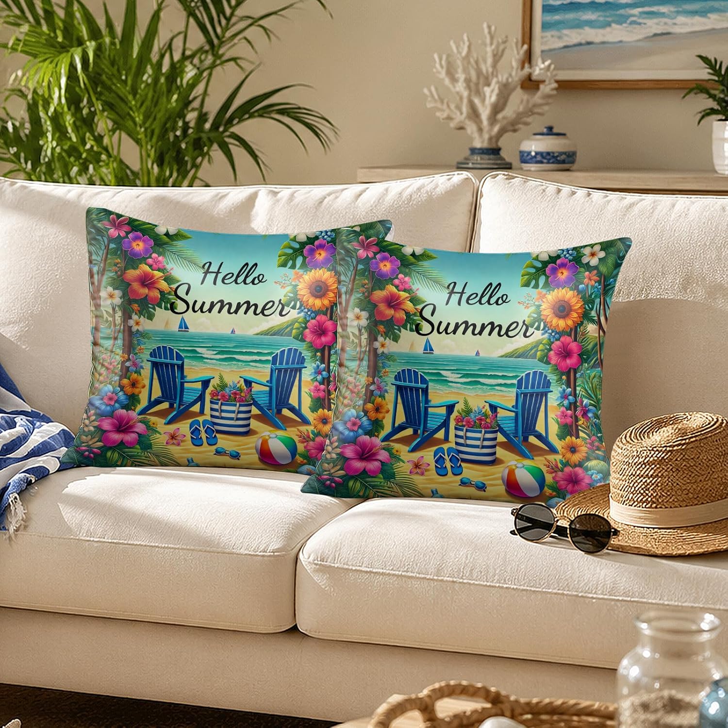 BlissYard Hello Summer Beach Throw Pillow Covers 18x18 Coastal Decorative Pillow Covers Tropical Floral Summer Cushion Covers Seaside…