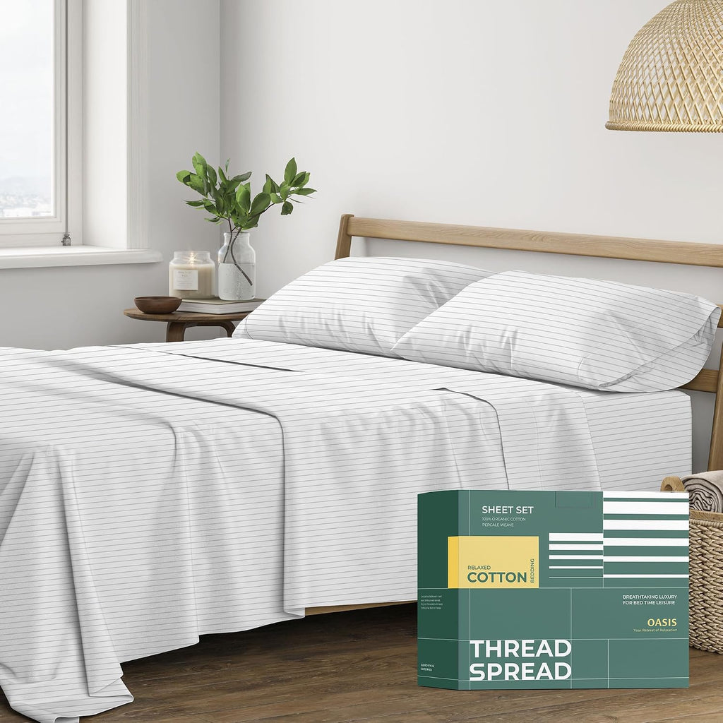 THREAD SPREAD 100% Organic Cotton Sheets Full Size - Organic Cotton Full Size Percale Sheet Set (4 PC, Light Grey Pinstripe), Soft…