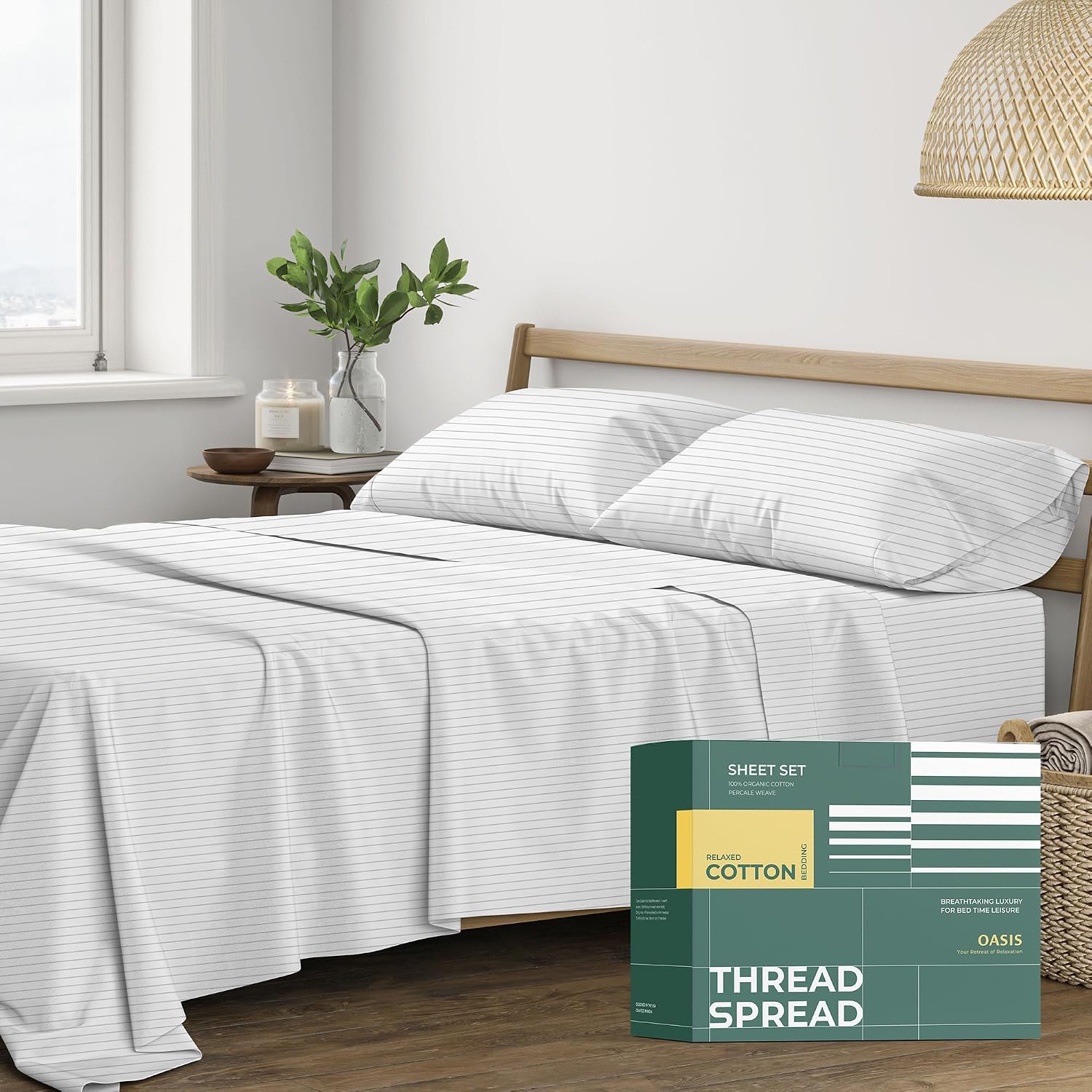THREAD SPREAD 100% Organic Cotton Sheets Full Size - Organic Cotton Full Size Percale Sheet Set (4 PC, Light Grey Pinstripe), Soft…
