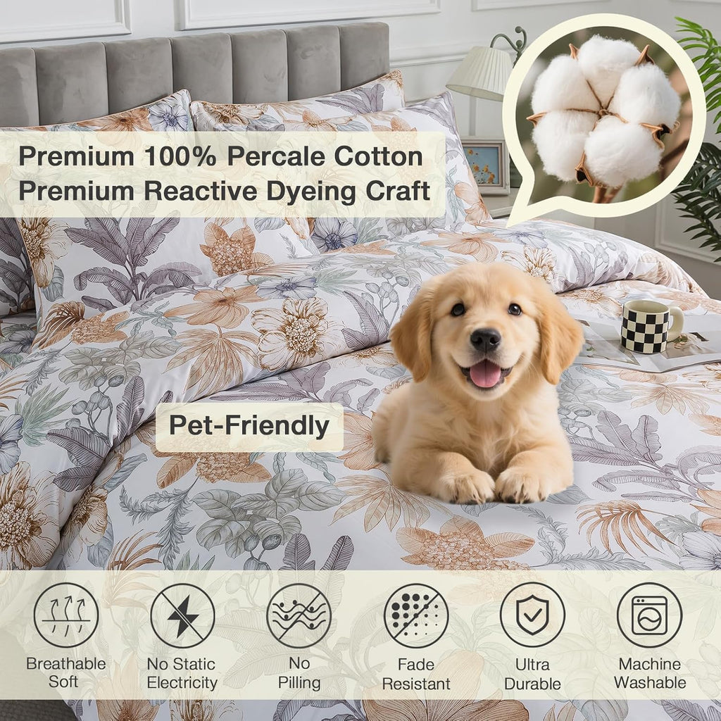 Puralens Tropical Floral Queen Size Duvet Cover Set 100% Cotton Percale, Palm Leaves Reversible Zipper White Duvet Covers, Soft Crisp Moder…