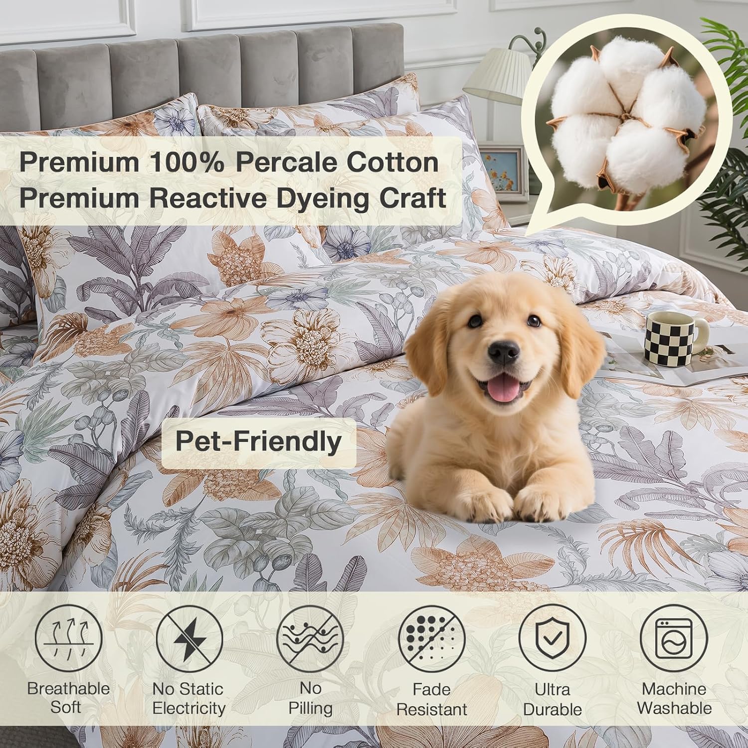 Puralens Tropical Floral Queen Size Duvet Cover Set 100% Cotton Percale, Palm Leaves Reversible Zipper White Duvet Covers, Soft Crisp Moder…
