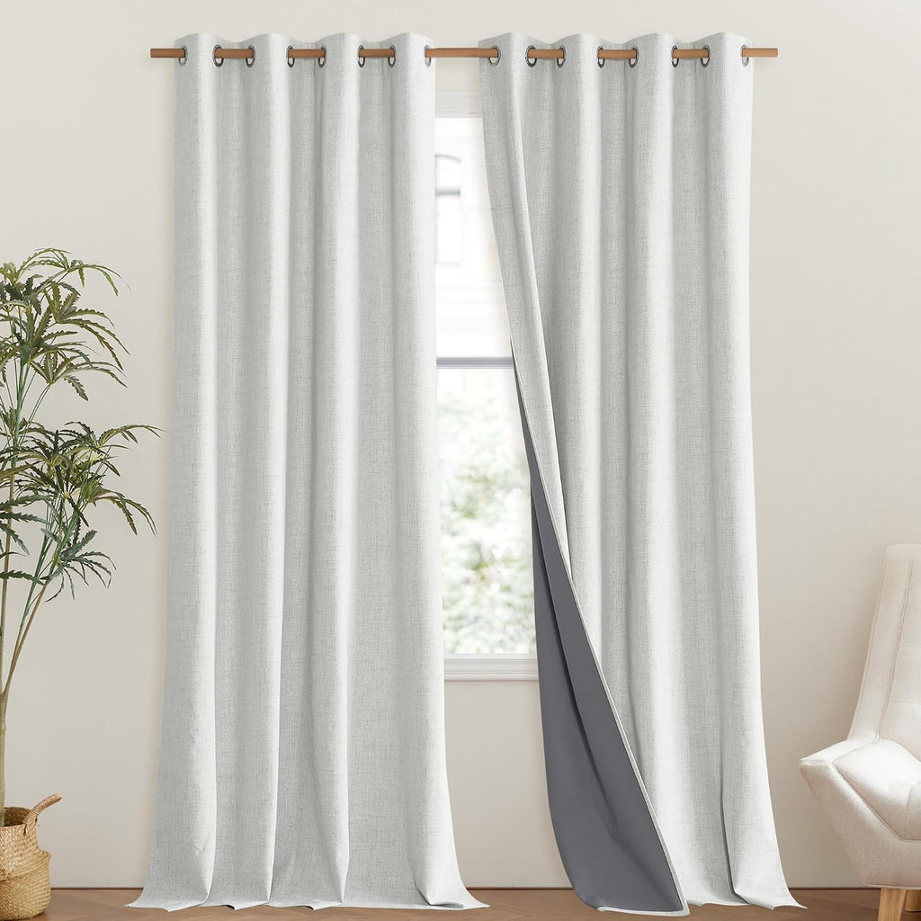NICETOWN 100% Absolutely Blackout Linen Curtains with Thermal Insulated Liner, Greyish White, 52" Wide, 95" Length Energy Saving Curtains…
