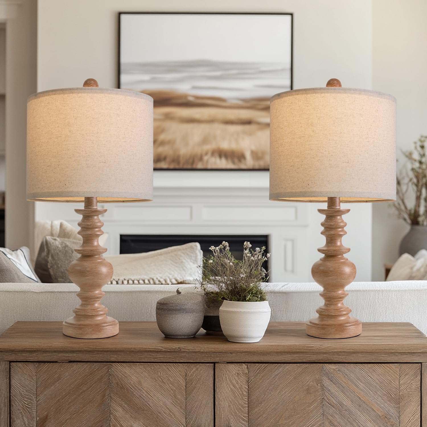 BOBOMOMO 20" Rustic Bedside Lamps Set of 2- Vintage Resin Table Lamps for Nightstands with Linen Shades, Farmhouse Lamps for Living Room…