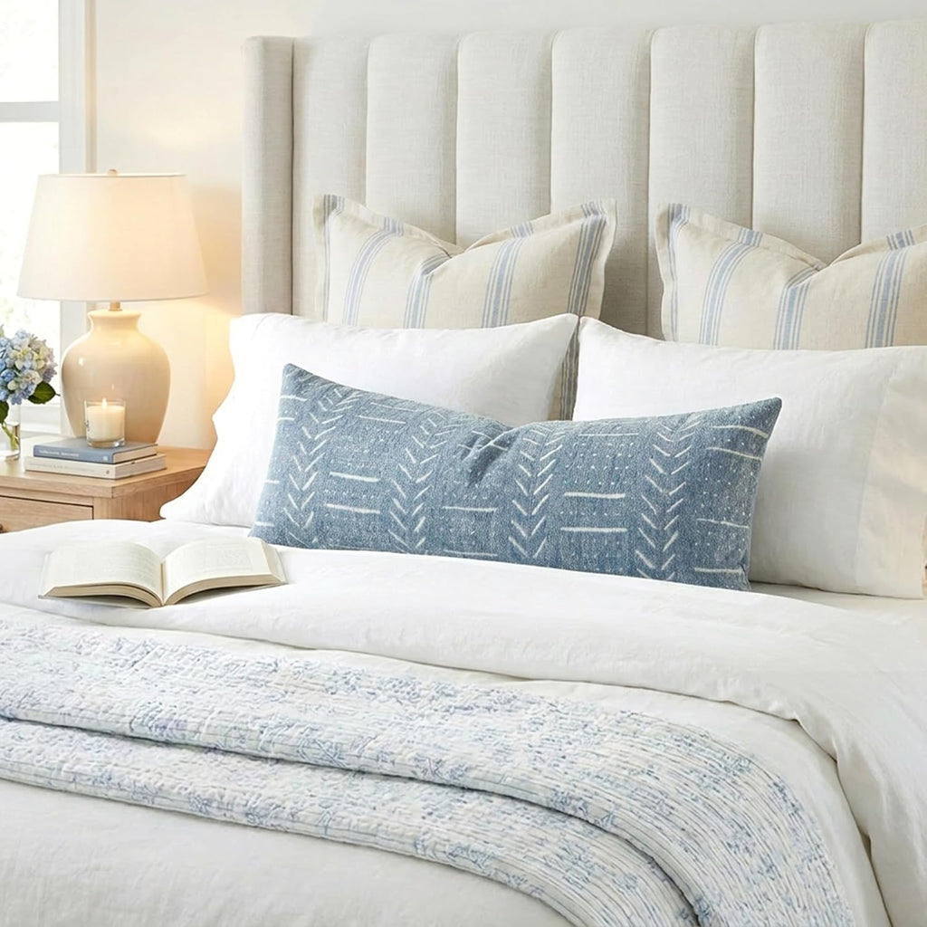BlissBlush Coastal Blue Lumbar Pillow Cover 14x36 for Bed, Accent Long Lumbar Pillow Cover for Bedroom, Soft Woven Chenille Textured…