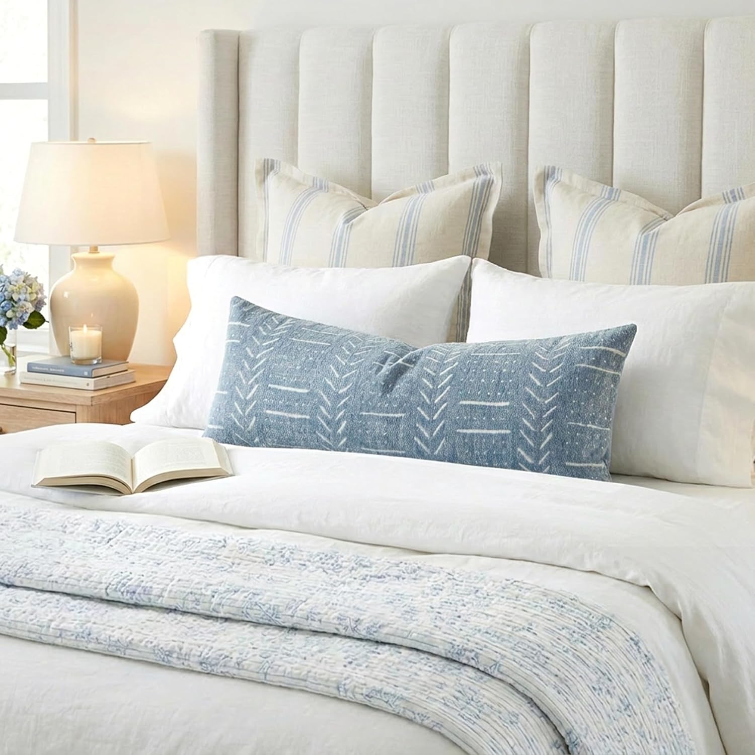 BlissBlush Coastal Blue Lumbar Pillow Cover 14x36 for Bed, Accent Long Lumbar Pillow Cover for Bedroom, Soft Woven Chenille Textured…