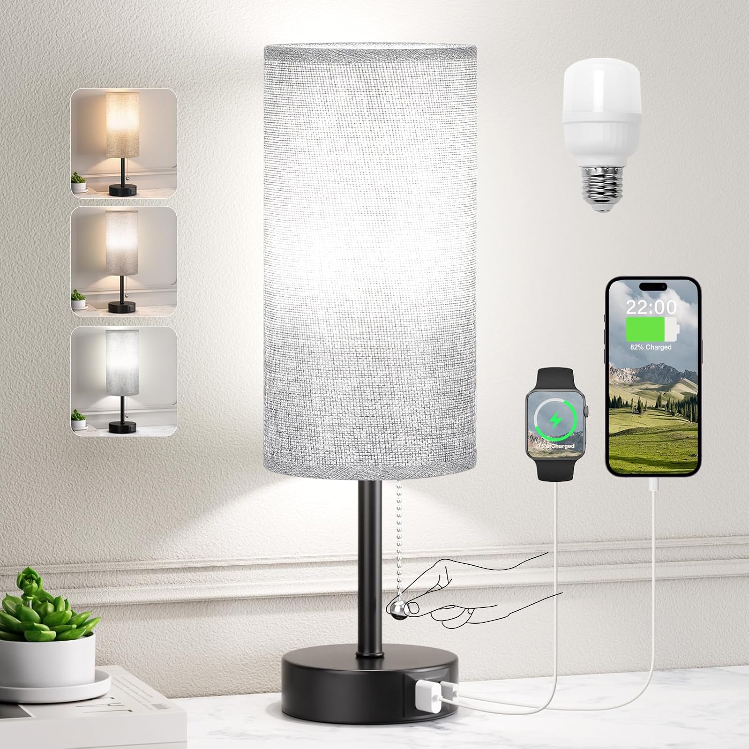 Grey Bedside Lamp for Bedroom Nightstand - Small Table Lamp with USB A + C Charging Port, 3 Color Temperatures Pull Chain Night Stand…