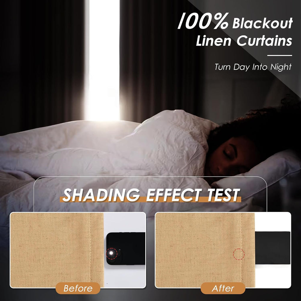 Nanspring Camel 100% Blackout Linen Curtains for Bedroom 96 Inches Long Back Tab Rod Pocket Thermal Insulated Vintage Modern Black Black Ou…