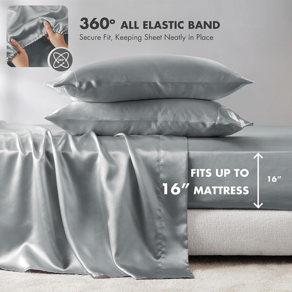Madisonpark Madison Park Satin Sheets Split King Size, Luxurious Silky Bed Sheets, Elastic 14" Pocket fits up to 16" Mattress, Wrinkle-Free…