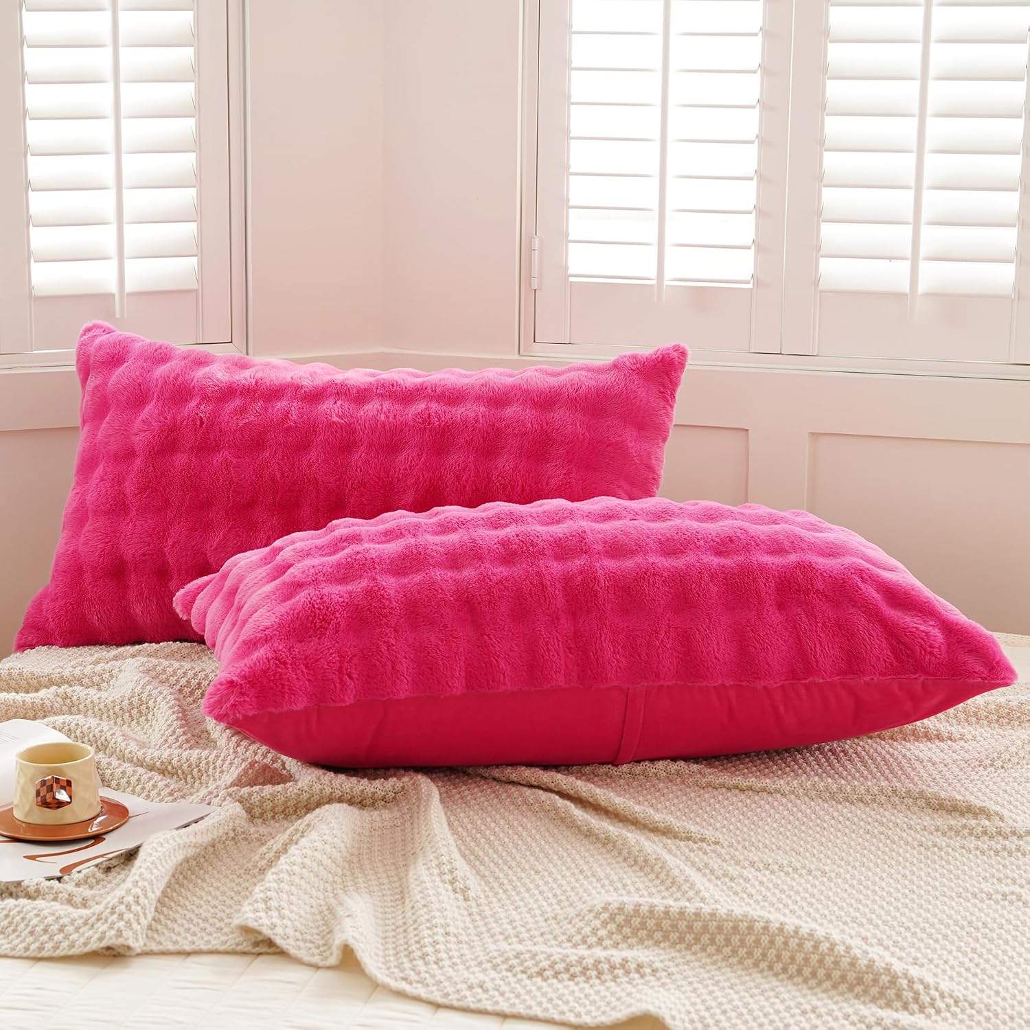 Uhamho Set of 2 Faux Fur Pillowcases, Luxury Bubble Waffle Carved Plush King Size Pillow Shams Soft and Furry, Zipper Closure (Hot Pink, 20…