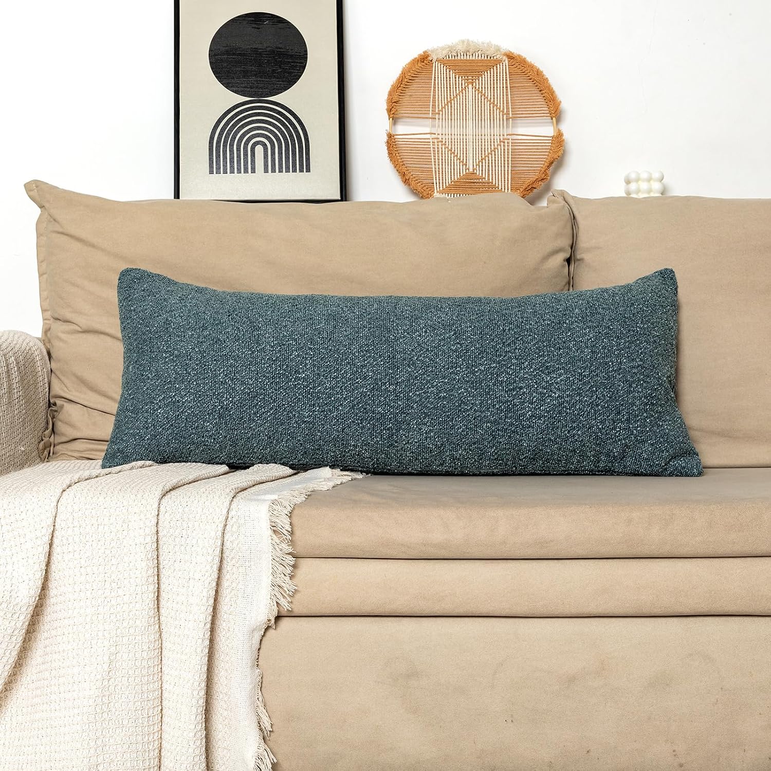 JoraLion 14x36 Boucle Lumbar Pillow Cover, Dusty Blue Woven Texture Neutral Long Pillow Cover Breathable Cushion Case for Couch Sofa Bed…