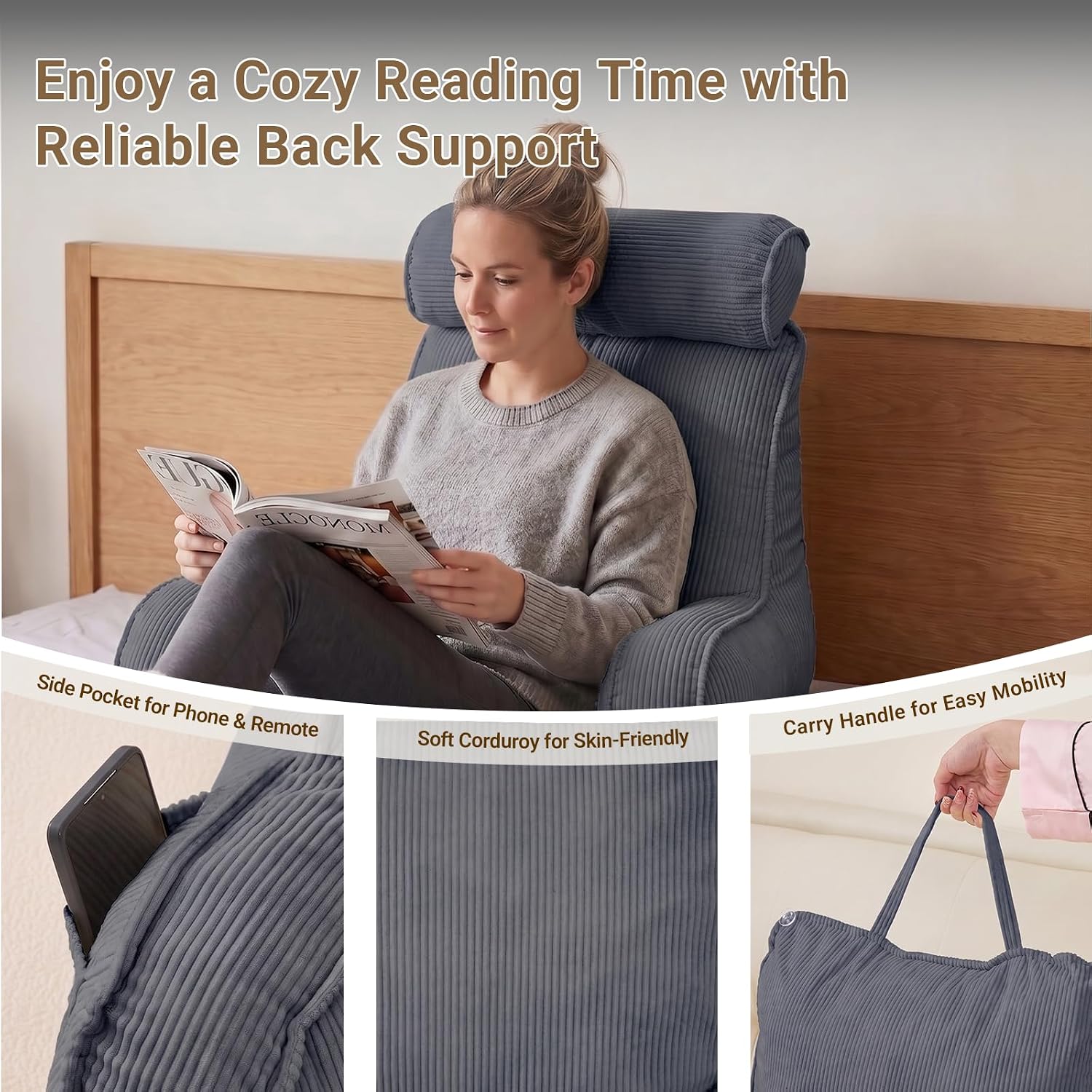 Reading Pillow for Bed with Detachable Neck Roll and Shredded Memory Foam, Back Pillow with Arms for Sitting Up, Washable Bed Rest Pillow…