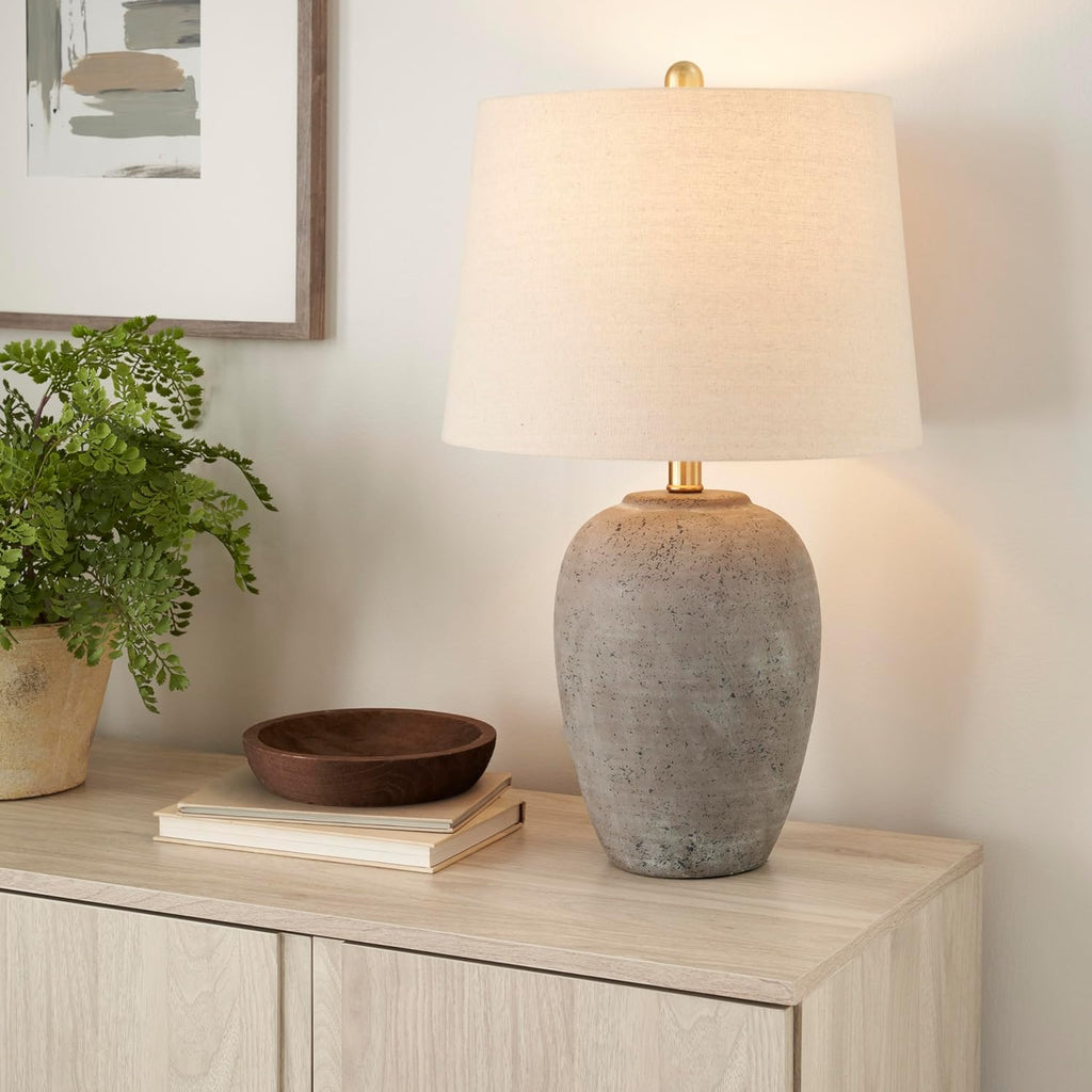 Nourison Home 23" Greyish Brown Earth Tone Rustic Farmhouse Ceramic Table Lamp for Bedroom, Living Room, Dining, Office, with Beige Linen…