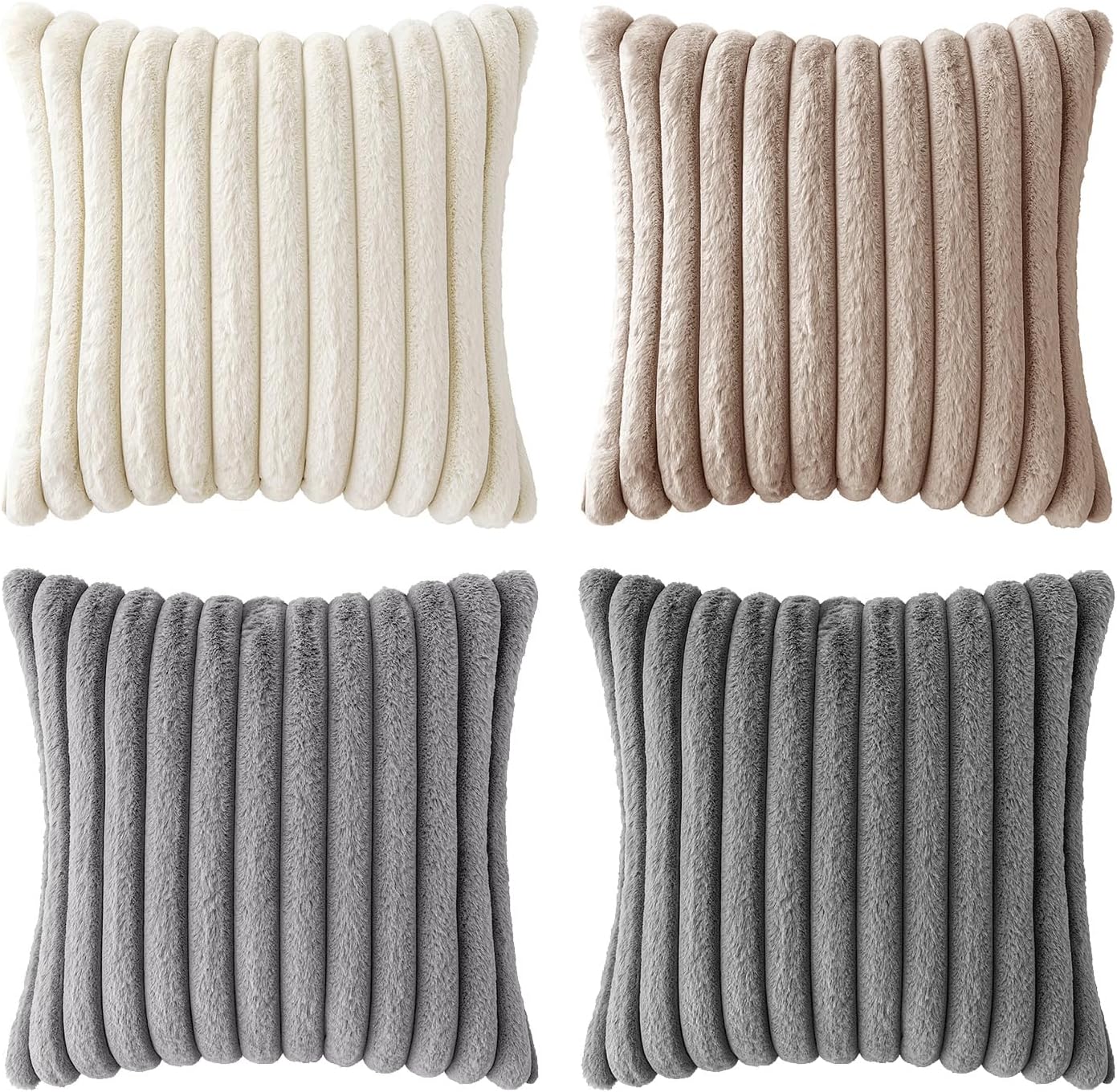 Miulee Faux Fur Plush Decorative Throw Pillow Covers 18x18 Set of 4, Boho Farmhouse Soft Fuzzy Striped Cushion Covers for Sofa Couch Bed Li…