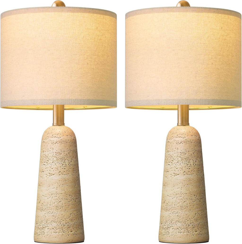 BOBOMOMO 21" Modern Table Lamps Set of 2, Warm Beige Resin Lamp with Stone Look, Small Bedside Lamps for Bedroom, Cozy Nursery Lamps with…