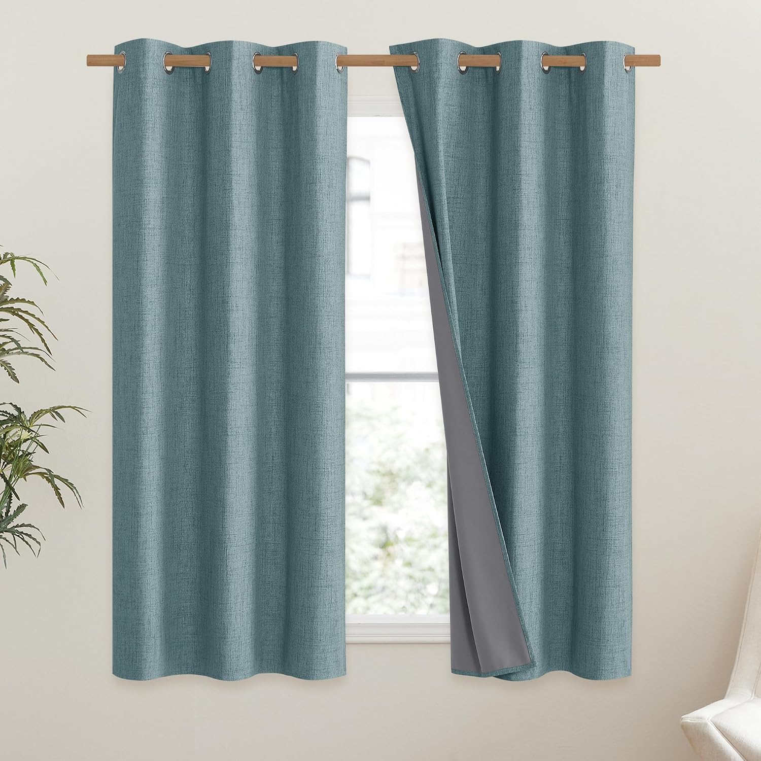 NICETOWN 100% Absolutely Blackout Linen Curtains with Thermal Insulated White Liner, Skylark Blue, 42" Wide, 63" Length Energy Saving…