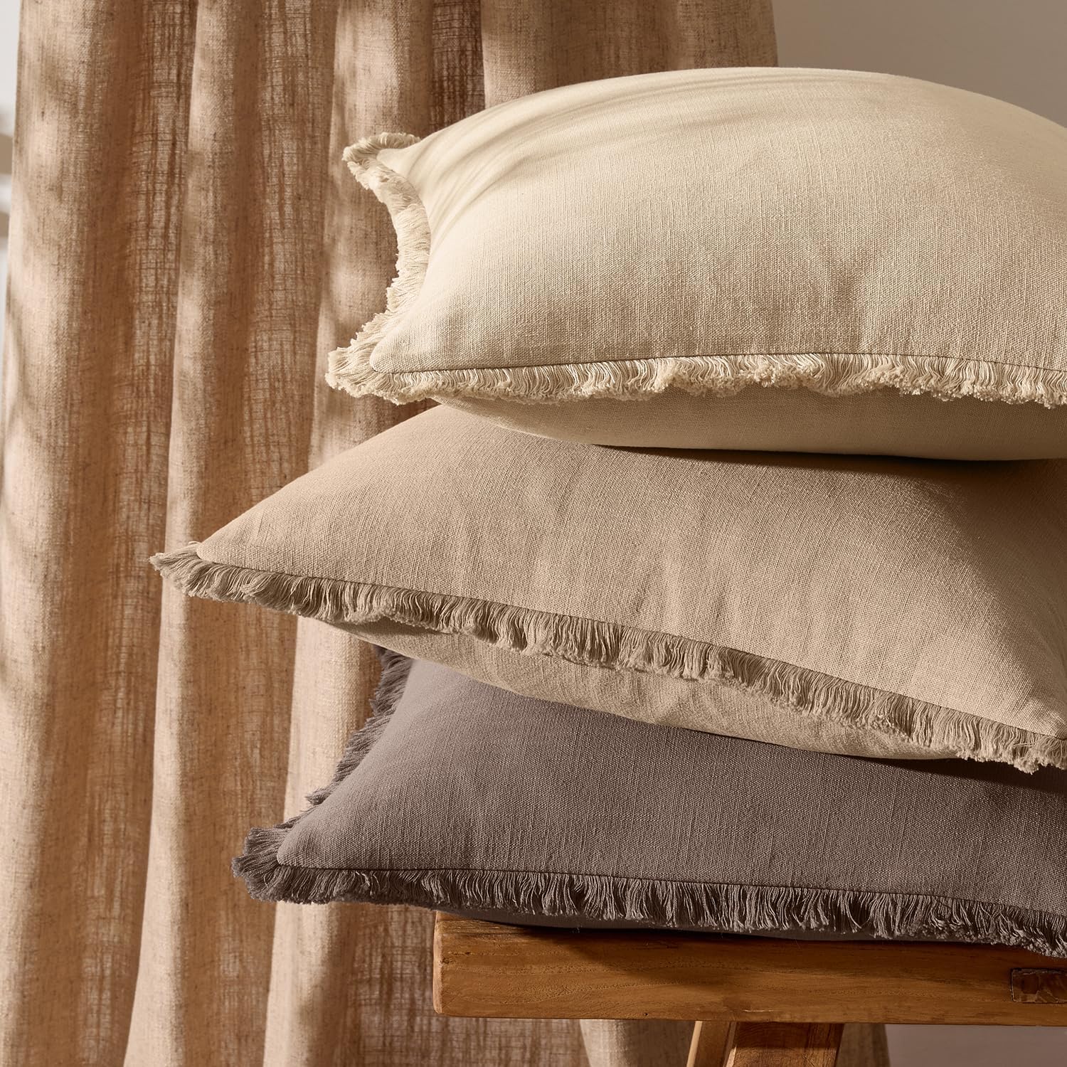 Anroduo Set of 2 Decorative Throw Pillow Covers 22×22 Inch Soft Linen Fringe Farmhouse Boho Vintage Cushion Covers with Tassels Accent Pill…